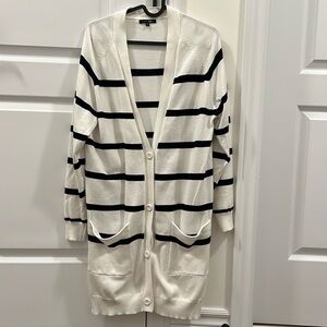 White with navy stripe long-line relaxed cardigan with pockets and 4 buttons. S.